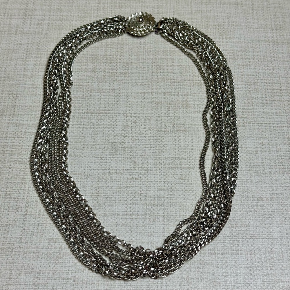 Vintage Silver tone multi chain necklace with flower clasp